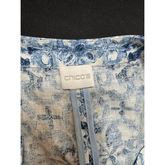 Chico's Jacket Boho Cottage Blue White Beachy Fringe 100% Linen Open-Front - Picture 2 of 6